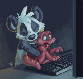 anthro black_body black_fur computer_keyboard duo electronics eyes_closed fangs fur glistening glistening_eyes hug hugging_another hugging_from_behind logo male monitor nude open_mouth open_smile red_body shocked smile teeth white_body white_fur yellow_body young young_anthro young_male pandapaco mythology parinton bear dragon giant_panda mammal mythological_creature mythological_scalie scalie artist_logo signature