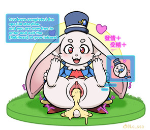 :3 after_sex after_vaginal anthro big_ears blush bodily_fluids bottomless clothed clothing cum cum_from_vagina cum_in_vagina cum_inside feet female fur genital_fluids genitals grass headgear headwear impregnation leaking_cum legs_up looking_at_viewer ovum ovum_with_face ovum_with_facial_features plant red_eyes simple_background solo sperm_cell sperm_cell_with_face tail text topwear vulva white_background white_body white_fur lasso_(artist) shangri-la_frontier emul_(shangri-la_frontier) sunraku lagomorph leporid mammal rabbit vorpal_bunny 2024 english_text