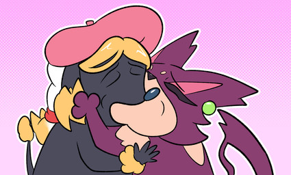 accessory anthro black_body black_nose black_skin cat_tail dog_tail duo ear_piercing ear_ring eyebrows eyelashes eyes_closed female french_kissing fur fur_hair hair_accessory hairband humor kissing makeup mascara multicolored_body multicolored_fur nude nude_anthro nude_female piercing pink_background pink_beret purple_body purple_fur ring_piercing shaved shaved_tail simple_background tan_body tan_fur two_tone_body two_tone_fur yellow_body yellow_fur chabble nintendo pokemon team_rocket yoshi_and_toad_kissing jessie_(team_rocket) serena_(pokemon) furfrou generation_5_pokemon generation_6_pokemon pokemon_(species) purrloin 2025 colored digital_drawing_(artwork) digital_media_(artwork) hi_res meme