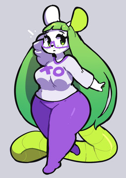 anthro bottomwear breasts clothing eyewear female freckles glasses green_eyes green_hair grey_background hair horn looking_aside on_one_leg pants purple_bottomwear purple_clothing purple_eyewear purple_glasses purple_pants shirt simple_background solo standing tail topwear white_clothing white_shirt white_topwear eerieviolet mora_(eerieviolet) mammal mouse murid murine rodent 2020 digital_media_(artwork) hi_res