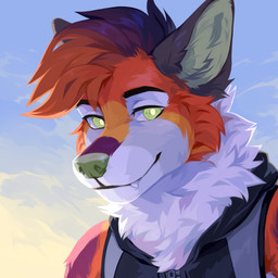 anthro black_clothing black_topwear cheek_tuft clothed clothing detailed_background facial_tuft fangs fur green_eyes green_inner_ear_fluff green_nose grey_clothing grey_topwear hair inner_ear_fluff looking_at_viewer male mouth_closed neck_tuft orange_body orange_fur purple_body purple_fur purple_hair red_body red_fur sky solo teeth topwear tuft unsigned corzh77 canid canine canis fox hybrid mammal wolf 1:1 absurd_res bust_portrait detailed hi_res icon portrait