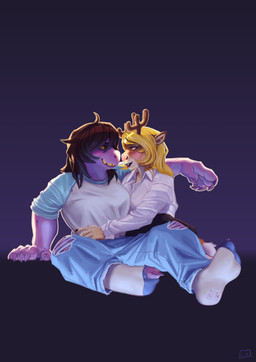 anthro antlers arm_over_shoulder big_breasts blonde_hair blush bottomwear breasts brown_body brown_eyes brown_hair claws clothed clothing denim denim_bottomwear denim_clothing duo eye_contact feet female freckles fur hair hand_on_belly horn jeans looking_at_another non-mammal_breasts pants purple_body shirt simple_background sitting teeth toe_claws topwear torn_bottomwear torn_clothing torn_jeans torn_pants ferrilo deltarune undertale_(series) noelle_holiday susie_(deltarune) cervine deer mammal new_world_deer reindeer reptile scalie 2025 absurd_res colored digital_drawing_(artwork) digital_media_(artwork) hi_res shaded signature