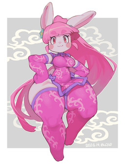 :3 abstract_background accessory anthro armwear asian_clothing bangs blunt_bangs blush blush_stickers bottom_heavy breasts chinese_clothing chinese_dress clothed clothed_anthro clothed_female clothing dress east_asian_clothing elbow_gloves eyebrow_through_hair eyebrows female female_anthro floppy_ears floral_print flower flower_in_hair front_view fur gloves hair hair_accessory hands_on_own_hips handwear huge_hips kemono legwear long_hair long_ponytail looking_at_viewer lop_ears medium_breasts navel_outline pear-shaped_figure pelvic_curtain pink_armwear pink_body pink_clothing pink_dress pink_elbow_gloves pink_eyebrows pink_eyes pink_fur pink_gloves pink_hair pink_handwear pink_inner_ear pink_legwear pink_thigh_highs plant ponytail rosy_cheeks scut_tail short_tail skindentation slim slim_anthro slim_female slit_dress smile smiling_at_viewer solo squish standing stockings tail text thick_thighs thigh_highs thigh_squish translucent translucent_hair white_body white_ears white_fur wide_hipped_anthro wide_hipped_female wide_hips sanjiro chao_pyon_pyon domestic_rabbit lagomorph leporid mammal oryctolagus rabbit 2023 3:4 dated digital_media_(artwork) full-length_portrait hi_res japanese_text portrait signature