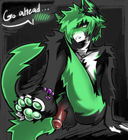 4_toes anklet anthro black_body black_fur black_markings blush countershading dialogue ellipsis facial_markings feet flaccid fluffy fur fur_tuft genitals gradient_penis green_blush green_eyes green_hair green_markings green_pawpads green_tail hair head_markings humanoid_genitalia humanoid_penis jewelry looking_away male markings nude pawpads penis pink_nose raised_foot raised_leg sitting solo tail talking_to_viewer toes torso_markings tuft white_body white_countershading mega_moppa aevyn domestic_cat felid feline felis mammal hi_res