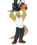 anthro boots bottomwear clothing denim denim_bottomwear denim_clothing footwear forklift gold_scales green_eyes holding_object holding_object_above_head jeans looking_at_viewer male muscular muscular_anthro muscular_male open_mouth pants shirt shoes simple_background solo tail tank_top topwear white_clothing white_shirt white_tank_top white_topwear fwancis forklift_certified mythology toyota patrick_(lunchmeat) dragon gold_dragon mythological_creature mythological_scalie scalie 2021 digital_media_(artwork) hi_res mixed_media photography_(artwork)