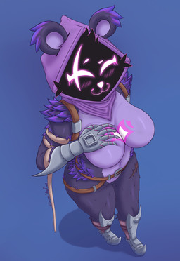 anthro armwear belt big_breasts big_butt blue_background blush blush_lines boots breasts butt clothed clothing eye_scar facial_scar female female_anthro fingers footwear fur gloves glowing glowing_eyes hair hand_on_breast handwear heart_symbol hood legwear looking_at_viewer perspective purple_body scar shadow shadow_face shoes simple_background smile solo standing thick_thighs wide_hips dmoon epic_games fortnite raven_team_leader bear mammal 2024 absurd_res digital_media_(artwork) hi_res