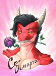 anthro biped black_hair flower flower_in_mouth hair horn looking_at_viewer male pink_background plant red_body red_eyes red_scales rose_(flower) rose_in_mouth scales showing_teeth simple_background solo tan_body tan_horn tan_scales text yellow_sclera ewgengster european_mythology mythology nedan_(ewgengster) dragon mythological_creature mythological_scalie scalie western_dragon wingless_dragon 2024 digital_media_(artwork) russian_text translated