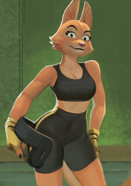 anthro athletic athletic_wear barbell_piercing bottomwear bra breasts cleavage clothed clothing cocked_hip confident eyebrow_piercing eyelashes facial_piercing facial_tuft female fingerless_gloves fur gloves gym_bottomwear gym_shorts handwear headgear high_waisted_bottomwear holding_object long_eyelashes looking_at_viewer midriff orange_body orange_fur piercing shorts slim smile smiling_at_viewer solo sports_bra standing tail topwear tuft underwear fjollettigeren dreamworks the_bad_guys diane_foxington canid canine fox mammal digital_media_(artwork) hi_res