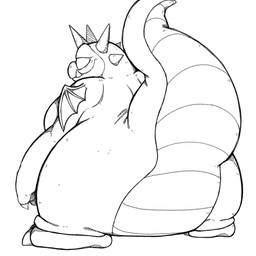 anthro blue_eyes butt claws female overweight overweight_anthro overweight_female purple_body spikes tail wings bakothemimic dragon_quest dragon_quest_iv mythology square_enix pruslas_(dragon_quest) dragon monster mythological_creature mythological_scalie scalie 1:1 hi_res monochrome sketch