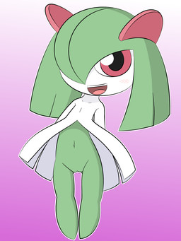 2_horns arms_by_side blush chibi female genitals green_body green_hair hair hair_over_eye happy horn loli looking_at_viewer multicolored_body narrow_hips navel not_furry one_eye_obstructed open_mouth open_smile presenting presenting_vulva pseudo_clothing purple_background red_eyes simple_background smile solo standing teeth thigh_gap two_tone_body vulva white_body young dreameclipsewolf nintendo pokemon generation_3_pokemon humanoid kirlia pokemon_(species) 3:4 absurd_res hi_res