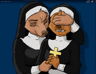 anthro blush blush_lines clenched_teeth covering covering_eyes covering_face cross duo eyes_closed female fur hand_on_face nun nun_outfit orange_body orange_fur praying simple_coloring teeth lotnik5 e621 canid canine fox mammal guide_lines half-length_portrait portrait shaded simple_shading sketch