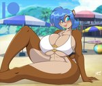 2022 anthro beach big_breasts blue_eyes blue_hair blush bottomless breasts brown_body brown_fur buckteeth chipmunk clothed clothing female fur ground_squirrel hair mammal mastergodai multicolored_body multicolored_fur patreon patreon_logo rally_ryder rascals rodent sciurid short_tail sitting sitting_on_ground smile solo tail teeth thick_thighs two_tone_body two_tone_fur white_bikini_top wide_hips