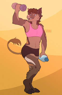abstract_background anthro barbell_piercing biped black_bottomwear black_clothing bottle bottomwear brown_body brown_fur brown_hair brown_tail circular_barbell_piercing clothed clothing container ear_piercing exercise facial_piercing female female_anthro fur glistening glistening_eyes hair holding_bottle holding_container holding_object markings messy_hair multiple_piercings nose_piercing open_mouth orange_markings piercing pink_clothing pink_topwear purple_eyes septum_circular_barbell septum_piercing short_hair solo standing tail tail_tuft text topwear tuft weightlifting workout 0ct0m0n0 mammal suid suine sus_(pig) wild_boar absurd_res artist_name full-length_portrait hi_res portrait