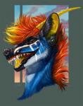 black_nose blue_body blue_fur ear_piercing ear_ring facial_piercing fur hair horn looking_at_viewer male nose_piercing nose_ring open_mouth orange_eyes orange_hair piercing ring_piercing septum_piercing solo teeth tongue yellow_tongue nukerooster canid canine hybrid mammal 2018 digital_media_(artwork) headshot_portrait portrait