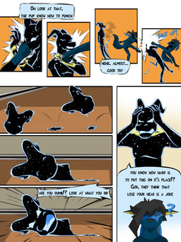 animal_genitalia anthro balls biped dialogue duo fight fully_sheathed genitals hero male male_anthro nude sheath superhero text villainous drago-kun darkpup canid canine canis mammal wolf comic english_text hi_res