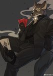 anthro belt blazer bottomwear cigarette claws clothed clothing fur grey_body grey_fur looking_away male pants pawpads shirt sitting smoking smoking_cigarette solo tail topwear milkybot arknights hypergryph studio_montagne weibo gambino_(arknights) canid canine canis mammal wolf 2019 absurd_res hi_res