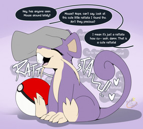 ambiguous_gender buckteeth dialogue disembodied_hand duo eyes_closed feral headpat heart_symbol implied_transformation open_mouth open_smile pokemon_speak smile teeth text maynara nintendo pokemon mouse_(maynara) generation_1_pokemon mammal pokemon_(species) rattata rodent english_text hi_res