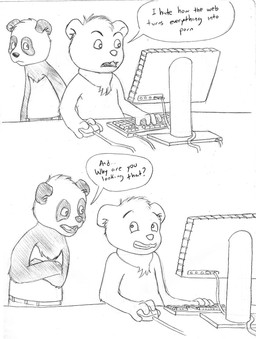 angry anthro computer_keyboard crossed_arms duo electronics fangs male male_anthro monitor mouth_closed open_mouth speech_bubble teeth text young young_anthro young_male pandapaco julio_(pandapaco) nemorio bear brown_bear giant_panda grizzly_bear mammal mouse murid murine rodent ursine english_text hi_res monochrome sketch