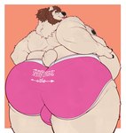 anthro back_rolls beard belly big_butt blep body_hair brown_hair bulge bulge_from_behind butt chest_hair clothed clothing eyewear facial_hair fur glasses hair hair_bun huge_butt looking_at_viewer looking_back looking_back_at_viewer male moobs nipples obese obese_anthro obese_male overweight overweight_anthro overweight_male pink_clothing pink_underwear rear_view short_tail solo suggestive suggestive_underwear tail text text_on_clothing text_on_underwear tongue tongue_out underwear underwear_only white_body white_fur tigertimeworks pea_soup bear mammal polar_bear ursine 2024 colored english_text hi_res portrait three-quarter_portrait