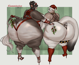 accidental_holly anthro bell big_breasts big_butt boots border bow_ribbon breasts brown_body brown_hair butt butt_focus cellulite christmas_clothing christmas_headwear clock clothing duo female female_anthro footwear fur gift_wrapped hair hat headgear headwear high_heeled_boots high_heels holidays holly_(plant) horn huge_breasts huge_butt huge_thighs hyper hyper_butt jingle_bell legband legwear lips looking_at_viewer looking_back looking_back_at_viewer mole_on_butt mostly_nude narrowed_eyes overweight overweight_anthro overweight_female plant presenting presenting_hindquarters santa_hat shoes tail tan_body tan_fur text thick_lips thick_thighs thigh_highs thighband watch white_border wristwatch sxyluvsu christmas bovid bovine cattle mammal mustelid musteline stoat true_musteline weasel english_text hi_res