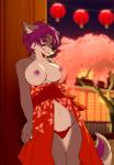 anthro asian_clothing big_breasts biped breasts cherry_blossom clothed clothing east_asian_clothing female flower hair japanese_clothing looking_at_viewer midriff navel nipples panties partially_clothed plant pose prunus_(flower) purple_eyes purple_hair smile solo standing underwear f-ss jess_(teckly) canid canine canis mammal wolf hi_res pinup