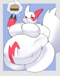 anthro belly big_belly biped bodily_fluids claws featureless_chest fur huge_belly male markings navel nude overweight red_body red_fur red_markings simple_background solo sweat sweatdrop thick_thighs wide_hips inazuma_kat nintendo pokemon generation_3_pokemon pokemon_(species) zangoose 2025 digital_media_(artwork) hi_res