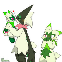 ambiguous_gender anthro biped blush duo exclamation_point eyes_closed fur green_body green_fur heart_symbol pink_body plushie pupils red_eyes short_tail side_view slit_pupils smile surprised tail tail_motion tailwag tontaro nintendo pokemon floragato generation_9_pokemon meowscarada pokemon_(species) 1:1 animated animated_gif short_playtime