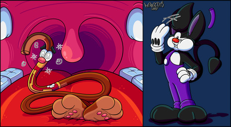 2_toes 3_toes 4_fingers anthro big_feet big_uvula cartoon_gloves cartoon_physics cheek_bulge clothing dazed dizzy dizzy_eyes drinking_straw duo feet fingers inside_mouth looking_at_viewer male male/male mawplay one_eye_closed overalls pawpads paws red_tongue shirt slapstick slapstick_humor soft_vore soles tail toes tongue toony toony_moment topwear uvula vore wide_tongue wink winking_at_viewer marquis2007 herman_(marquis2007) roderick_(tamerkoh) imp lagomorph leporid mammal rabbit absurd_res alpha_channel hi_res multiple_scenes