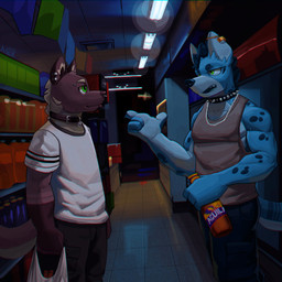 4_fingers anthro bottle collar container detailed_background duo ear_piercing facial_piercing fingers fur gloves_(marking) holding_back holding_bottle holding_container holding_object male male/male markings multicolored_body multicolored_fur muscular nose_piercing piercing spiked_collar spikes spots spotted_body spotted_fur standing supermarket tail ankorthewolf ankor_(ankorthehyena) theo_(ankorthehyena) gulonine hyena mammal marten mustelid musteline pine_marten 1:1 absurd_res hi_res signature