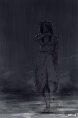 anthro blood blood_on_clothing bodily_fluids clothing eyes_closed female hair long_hair outside raining solo standing text unknowhiter 2015 artist_name full-length_portrait portrait restricted_palette