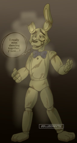 anthro barefoot black_eyes black_nose bodily_fluids bow_tie brown_background clothing crying dancing depressing dialogue duo ellipsis featureless_crotch feet half-closed_eyes hand_holding hat headgear headwear long_ears machine male multicolored_body narrowed_eyes notched_ear open_mouth question_mark round_ears sad scar simple_background speech_bubble standing tears teeth text top_hat translucent translucent_body two_tone_body white_body wire yellow_body bluberry712 five_nights_at_freddy's five_nights_at_freddy's_3 five_nights_at_freddy's_4 scottgames fredbear_(fnaf) springtrap_(fnaf) animatronic bear ghost lagomorph leporid mammal rabbit robot spirit 2021 english_text hi_res