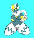 anthro areola belly big_breasts breast_squish breasts embarrassed fangs female genitals lightning_whiskers navel nipples pussy slightly_chubby solo squish teeth thick_thighs wide_hips yellow_areola plantedpot nintendo pokemon felid generation_7_pokemon legendary_pokemon mammal pokemon_(species) shiny_pokemon zeraora absurd_res hi_res