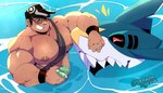 big_pecs black_hair blue_body body_hair clothed clothing duo eyes_closed eyewear glasses hair male muscular muscular_male nipples partially_submerged pecs poke_puff sharp_teeth smile teeth topless water kokukokuboo nintendo pokemon generation_3_pokemon human mammal pokemon_(species) sharpedo