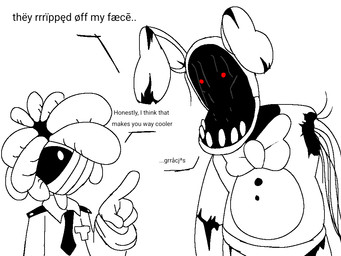 1_arm anthro bandage bandage_on_face bow_tie clothed clothed_anthro clothed_male clothing dialogue duo male red_eyes r1z0to five_nights_at_freddy's five_nights_at_freddy's_2 five_nights_at_frickbear's_(series) five_nights_at_frickbear's_3 scottgames bonnie_(fnaf) jeremy_fitzgerald jeremy_fitzgerald_(frickbear's) withered_bonnie_(fnaf) withered_bonnie_(frickbear's) human lagomorph leporid mammal rabbit robot_anthro 4:3 sketch