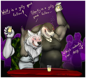 alcohol anthro beverage border clothed clothing dialogue drunk duo facial_hair goatee inside male musclegut muscular muscular_male open_mouth smile standing substance_intoxication text white_border tilionmaia aquatic canid canine canis fish mammal shark wolf english_text