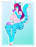 2021 anthro big_breasts blue_body blue_fur bottomless bottomless_gynomorph bottomless_intersex breasts clothed clothing coffee_mug deathwalkingterror digital_media_(artwork) erection felid fur genitals gradient_background gynomorph hair huge_breasts intersex kitsunewaffles-chan lana_(deathwalkingterror) long_hair long_penis magenta_hair mammal pantherine penis pink_clothing pink_shirt pink_topwear purple_hair purple_penis red_eyes shaded shirt simple_background solo text tiger topwear