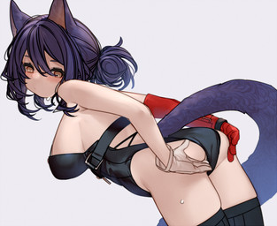 adjusting_clothing belt blush breasts butt clothing female gloves handwear leotard looking_back simple_background solo tail white_background gothope arknights hypergryph studio_montagne rockrock_(arknights) animal_humanoid cat_humanoid felid felid_humanoid feline feline_humanoid humanoid mammal mammal_humanoid 2026 digital_media_(artwork)