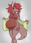 anthro arm_tuft belly big_belly breasts brown_body brown_fur brown_nose chest_tuft female fur hair looking_at_viewer markings medium_breasts monotone_hair navel nude orange_eyes outie_navel pregnant red_hair removing_towel shoulder_tuft simple_background smile solo spots spotted_body spotted_fur standing thick_thighs towel tuft wide_hips dima_(artist) aster_(dima) canid canine mammal 2024 colored digital_media_(artwork) hi_res portrait shaded three-quarter_portrait