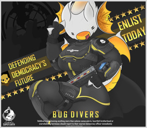 anthro clothed clothing female fully_clothed gun looking_at_viewer propaganda ranged_weapon solo three-quarter_view tongue tongue_out weapon stratoclimber helldivers democratic_bug terminid absurd_res digital_media_(artwork) hi_res