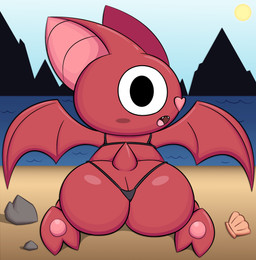 ambiguous_gender beach big_butt bikini black_eyes butt clothing day huge_butt kneeling looking_back on_ground open_mouth outside pink_nose rear_view red_body sand sea seashell shadow sharp_teeth shell solo sun swimwear tail teeth tongue two-piece_swimsuit water white_sclera zinzoa squeak_(zinzoa) bat mammal 2025 absurd_res hi_res