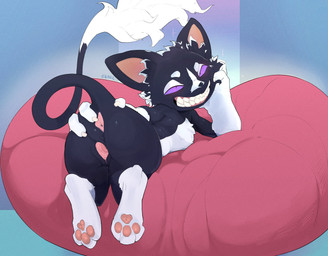 anus butt female feral gaping gaping_vagina genitals grin long_tail looking_at_viewer looking_back looking_back_at_viewer lying on_front pawpads presenting presenting_hindquarters pupils purple_eyes sharp_teeth slit_pupils smile solo spread_butt spread_vulva spreading tail teeth vulva ellael domestic_cat felid feline felis mammal absurd_res hi_res