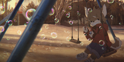 anthro bottomwear bubble clothing coat grin kemono looking_at_viewer male shorts sitting smile solo swing topwear young young_anthro young_male nishiko24 ookami_(nishiko24) canid canine canis mammal wolf 2020 hi_res japanese_description