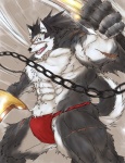 abs anthro biceps bottomwear bulge chain chest_tuft claws clothed clothing fur loincloth male muscular muscular_anthro muscular_male open_mouth paws pecs pose purple_eyes scar solo tail topless tuft underwear warrior weapon niku_18 sega shining_(sega) shining_tears shining_wind rouen_(shining) canid canine canis mammal wolf 2008