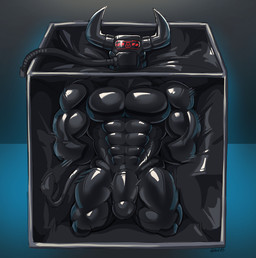 anthro big_muscles biped black_latex bound encasement genitals gimp humanoid_genitalia humanoid_penis kneeling kneeling_on_ground latex latex_cube male muscular muscular_anthro muscular_male muscular_sub penis solo submissive submissive_anthro submissive_male glaucablitz bovid bovine cattle mammal 2025 hi_res