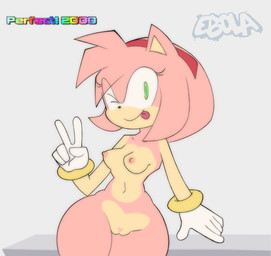 accessory anthro areola black_nose bracelet breasts clothing eyelashes female front_view fur genitals gloves gloves_only green_eyes grey_background hair hair_accessory hairband handwear handwear_only head_tuft jewelry looking_at_viewer mostly_nude navel nipples nude one_eye_closed pink_areola pink_body pink_fur pink_hair pink_nipples pink_pubes pubes short_hair simple_background small_breasts smile solo tan_body tan_fur thick_thighs tongue tongue_out tuft vulva white_clothing white_gloves white_handwear wide_hips wink winking_at_viewer ebolahorny sega sonic_the_hedgehog_(series) amy_rose eulipotyphlan hedgehog mammal