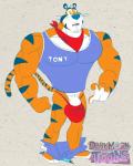 anthro big_muscles blu3danny bottomwear bottomwear_down bulge clothed clothing countershading felid frosted_flakes genitals hi_res huge_muscles hyper hyper_muscles kellogg's male mammal mascot muscular muscular_anthro muscular_male pantherine pants pants_down partially_clothed penis penis_base shirt solo surprise tank_top thong tiger tight_clothing tony_the_tiger toony topwear underwear