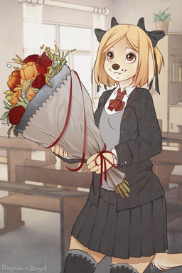 accessory anthro biped blonde_hair bottomwear bouquet bow_ribbon brown_eyes classroom clothing clothing_bow detailed_background eyelashes female flower flower_bouquet footwear grey_bottomwear grey_clothing grey_jacket grey_shirt grey_skirt grey_topwear hair hair_accessory hair_bow hair_ribbon holding_bouquet holding_flower holding_object inside jacket legwear plant pleated_skirt ribbons school shirt skirt socks solo thigh_highs thigh_socks topwear iskra vika_(iskra) mammal 2015 2:3 digital_media_(artwork) hi_res shaded