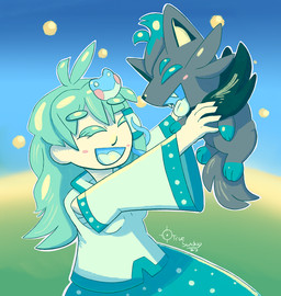 ambiguous_feral ambiguous_gender black_body black_fur duo eyes_closed female female_human feral fur green_hair hair holding_character open_mouth open_smile quadruped smile tongue tongue_out truesundog nintendo pokemon touhou sanae_kochiya generation_5_pokemon human mammal pokemon_(species) shiny_pokemon zorua 2022 crossover dated hi_res restricted_palette signature