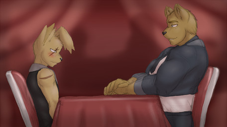 anthro athletic athletic_anthro athletic_male biceps black_tie_(suit) blush clothing date detailed_background duo fingers fur grey_eyes male muscular muscular_anthro muscular_male scar sitting smile suit topwear vest yellow_body yellow_eyes yellow_fur nukde five_nights_at_freddy's five_nights_at_freddy's_3 scottgames golden_freddy_(fnaf) springtrap_(fnaf) bear lagomorph leporid mammal rabbit 2015 digital_media_(artwork)