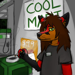 anthro ashtray black_clothing black_shirt black_topwear brown_hair cigarette clothing fur gas_pump gas_station green_eyes green_sclera hair long_hair male name_tag night orange_body orange_fur red_body red_fur shirt sign smoking solo standing topwear trash_can metal_fox117 ash_(metal_fox) canid canine fox mammal 1:1